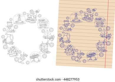 Round frame on a summer cafe and the resort. Outline drawing for coloring.