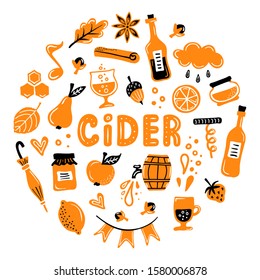 Round frame on the theme of cider, autumn festivals and tastings. Vector pattern of hand-drawn elements. Flat style flyer with lettering.