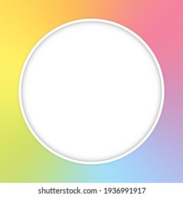 Round frame on unicorn rainbow background. Magic border with rainbow mesh, space for text. Cute template in pastel colors. Vector illustration