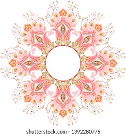 Round frame on a white background. Beautiful oriental pattern with paisley and peacock feathers