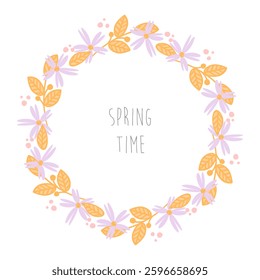 Round frame on white background, cute cartoon clipart, branch with leaves and flowers, round wreath. Vector floral design for invitation card, ceramics, etc. Universal template for creativity.