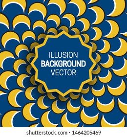 Round frame on yellow blue optical illusion background of moving crescents shapes.