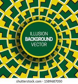 Round frame on yellow green optical illusion hypnotic background of rotating corners shapes.