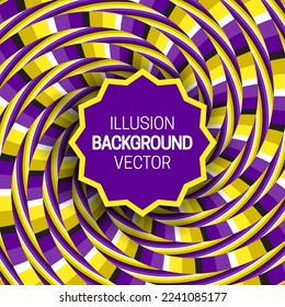 Round frame on yellow purple optical illusion hypnotic background of rotating spiral striped pattern.