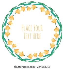 Round frame orange flower garland - watercolor vector template