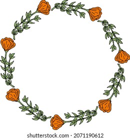 Round frame with orange flowers on white background. Vector image.
