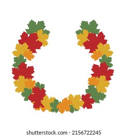Round frame with orange, green, red and yellow maple leaves. Bright autumn wreath with gifts of nature with empty space for text. Thanksgiving wreath with maple leaves