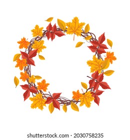 Round frame with orange and yellow maple leaves. Bright autumn wreath with gifts of nature and branches with empty space for text