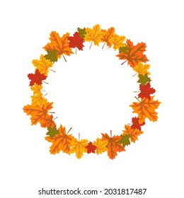 Round frame with orange and yellow maple leaves. Bright autumn wreath with gifts of nature with empty space for text