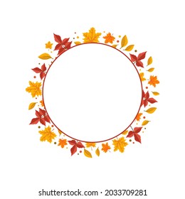 Round frame with orange and yellow maple leaves. Bright autumn wreath with gifts of nature with empty space for text
