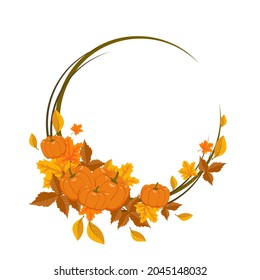 Marco redondo con hojas y calabazas de arce anaranjadas y amarillas. La corona de otoño brillante con regalos de la naturaleza y ramas con espacio vacío para el texto