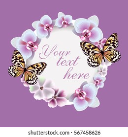 Round frame with orchids and butterflies. Vector.