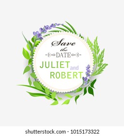 Round frame with organic plants, vector invitation for a wedding. Save the date background