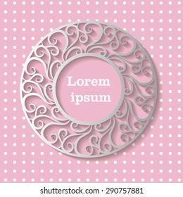 Round frame with an ornament.  Vector frame with metal shine. Vector openwork frame.  Openwork frame on a pink background with dots. Islamic pattern