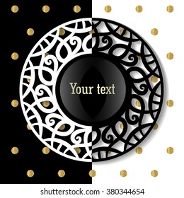 Round frame with an ornament.  Vector openwork frame.  Openwork frame on a black and white background with dots. Wedding vector frame.