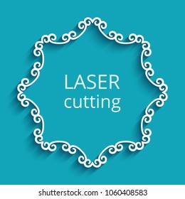 Round frame with ornamental border, cutout paper swirls pattern, vector template for laser cutting, eps10