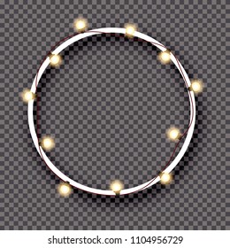 Round frame of overlapping, glowing string lights on a transparent background. Vector illustration. Template for greeting card, poster, flyer, banner