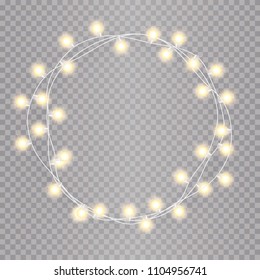 Round frame of overlapping, glowing string lights on a transparent background. Vector illustration. Template for greeting card, poster, flyer, banner