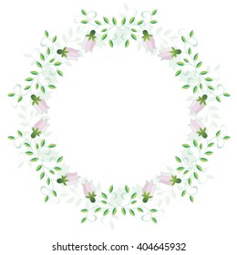 Round frame. Party, wedding, anniversary, birthday . Fine twigs and bluebells on a white background. Delicate wreath of wildflowers. Pastel colors. Vector stock.