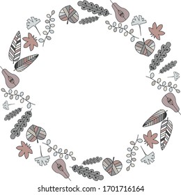round frame with pastel leaves on a transparent background for creating invitations, greeting cards. 

