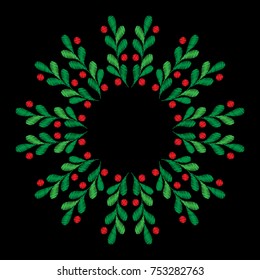 Round frame pattern with spruce branches and berries embroidery stitches imitation on the black background. Fashion holiday embroidery.