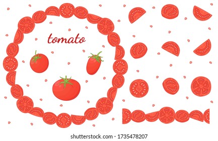 Round frame patterns with red juicy tomatoes. Vegetables isolated on white. Set for seasonal design. Wreath, seamless brush, continuous garland. Vegetarian food, agricultural eco product.