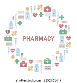 Round frame of pharmacy items. vector illustration