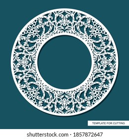 Round frame for photos, pictures. Openwork lace pattern, oriental floral ornament of leaves, curls. Template for plotter laser cutting of paper, cardboard, plywood, wood carving, metal engraving, cnc.