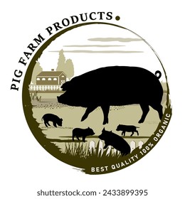 Round frame with pig farm objects silhouettes and text for product labels. Vector illustration.	