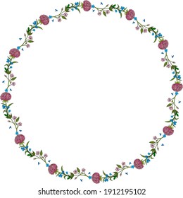 Runder Rahmen mit rosafarbenem Osterbrot und vergessene Blumen und Sakura-Äste auf weißem Hintergrund. Doodle-Stil. Vektorbild. 