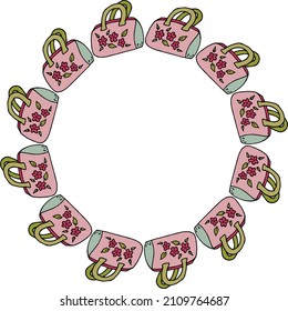 Round frame with pink bag with flowers and green leaves on white background. Vector image.