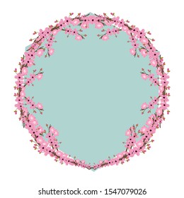 Round frame with pink cherry blossom flowers. Floral circle with space for text. Vector illustration
