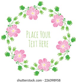 Round frame pink delicate flowers with green leaves garland - watercolor vector template