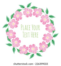 Round frame pink delicate flowers with green leaves garland - watercolor vector template