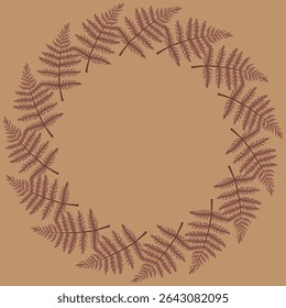Round frame, a frame of pink fern leaves on a beige background. Decoration for postcards, invitations, prints.