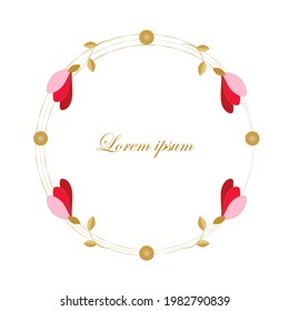 Round frame with pink flowers and gold chrysanthemums. Cute flowers arranged in a round shape, suits for wedding invitations and birthday cards