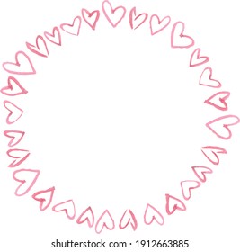 Round frame of pink hearts painted with watercolor. Space for text.