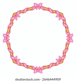 Round frame with pink ribbons and bow. Vector clip art.
