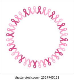 Round frame from pink ribbons for breast cancer awareness month. Vector illustration, isolated on white.
