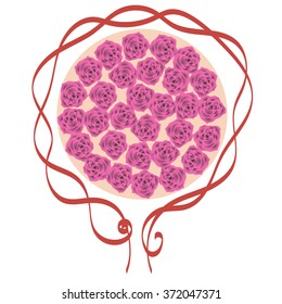 Round frame of pink roses. Vector illustration wreath of flowers. Can be used as a greeting card for background of Valentine's day, birthday, mother's day or any other design.