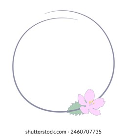 Round frame with pink sakura flower. Wedding invitations and cards, logo and poster design. Elegant minimal floral style