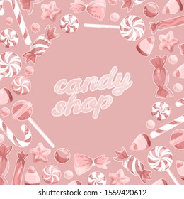 Round frame of pink sweets. Candy shop banner, candy and marmalade