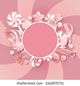 Round frame of pink sweets on a striped background