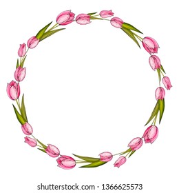 Round frame with pink tulips.