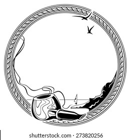 Round frame with pipe and sea landscape
