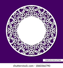 Round frame with place for text in the center. Openwork lace pattern, oriental floral ornament of leaves, curls. Template for plotter laser cutting of paper, cardboard, plywood, wood carving, metal.