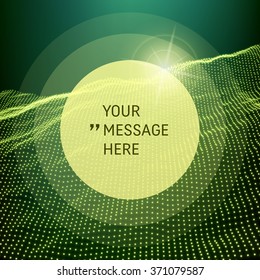 Round Frame with Place for Text. Low Poly Geometric 3D Mountain Landscape. Mountainous Terrain. 3D Wireframe Terrain. Mountain Design. Abstract Background with Dotted Grid. A Glowing Grid. 