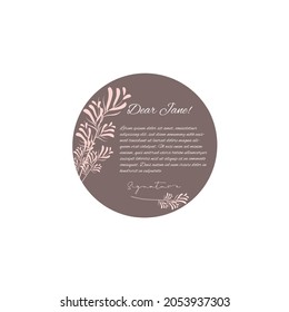 Marco redondeado con lugar para el texto. Círculos de colores delgados con brotes de lino salvaje de Nueva Zelanda. Borde floral para texto. Pegatina redonda, tarjeta de saludo con ramas de hierbas silvestres. Vector de tarjeta de invitación