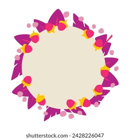 A round frame with a plant composition. Simplified natural forms. Vector illustrations for decorating postcards, invitations. Acorns, leaves, abstract elements