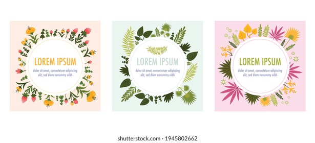 Plantas redondas de marco conjunto de iconos planos con diferentes hojas flores y colores y espacio para el texto en el centro de la ilustración del vector de círculo